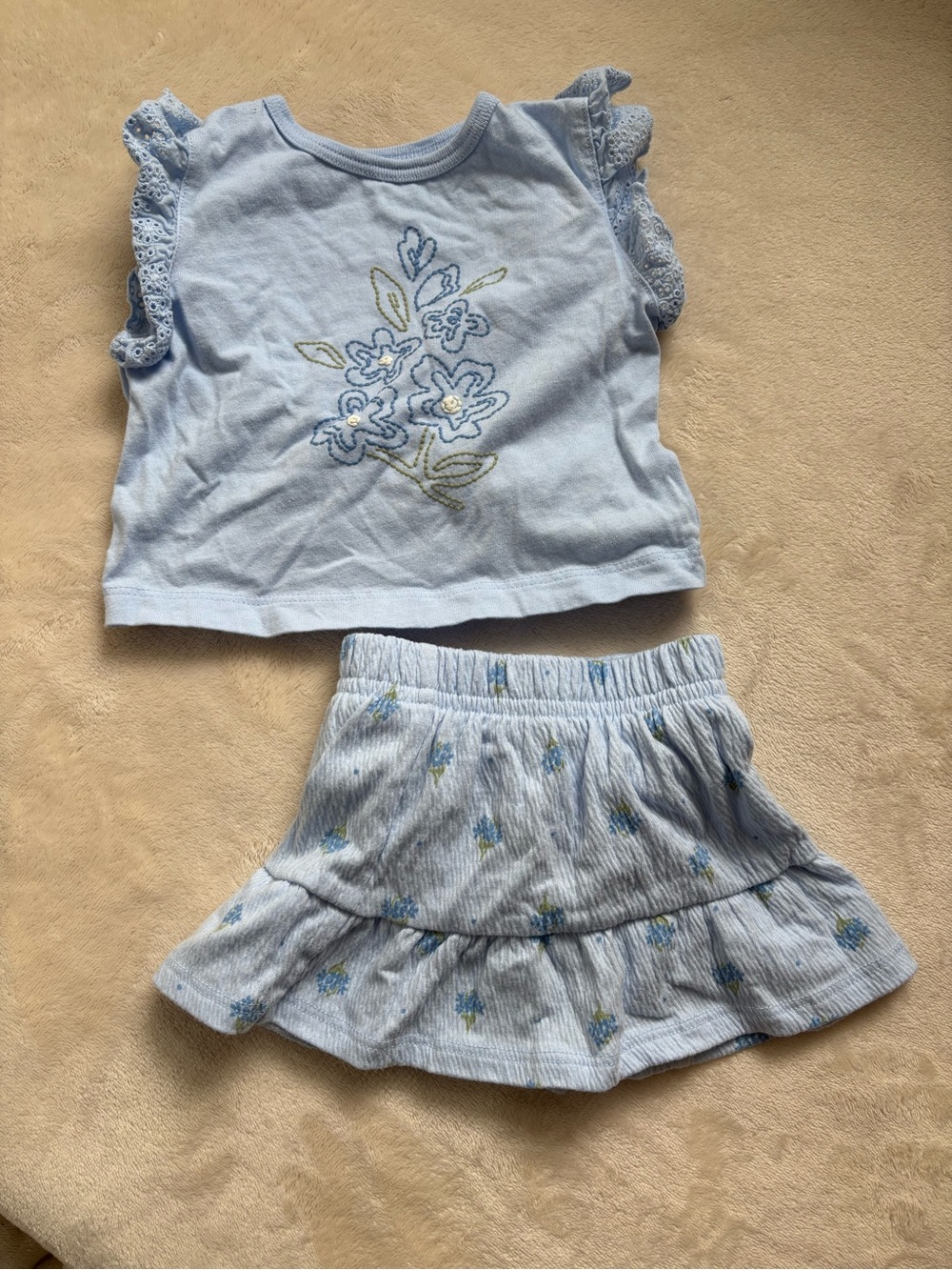 Carter's Kids Blue Floral Embroidered Ruffle Top & Skort Set - EUC size 3M